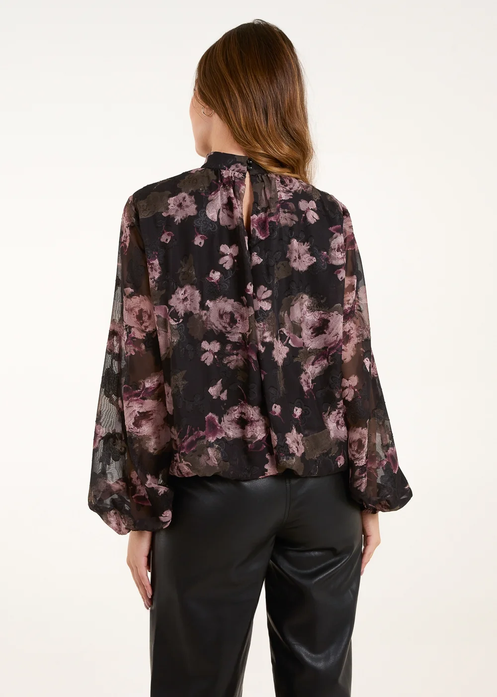 Blue Vanilla Black High Neck Bubble Hem Floral Blouse - Small Image 2