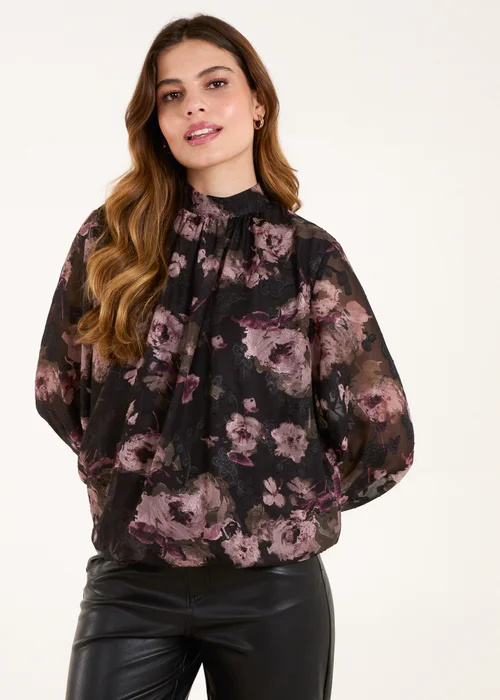Blue Vanilla Black High Neck Bubble Hem Floral Blouse - Small Image 1
