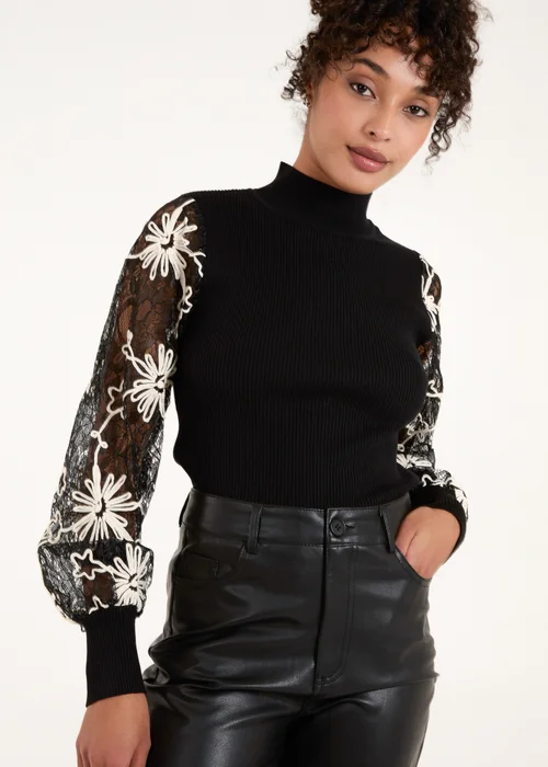 Blue Vanilla Black Lace Sleeve High Neck Jumper - M Image 1