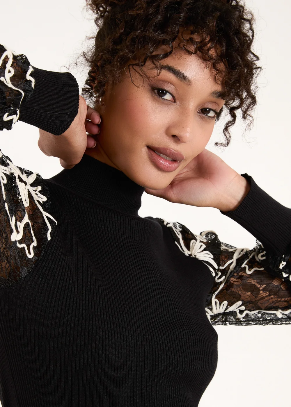 Blue Vanilla Black Lace Sleeve High Neck Jumper - M Image 3