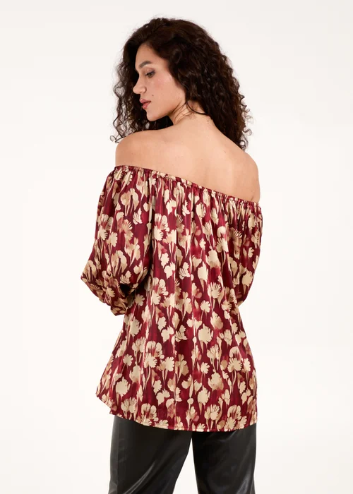 Blue Vanilla Burgundy Floral Ruched Sleeve Bardot Blouse - One Size Image 2