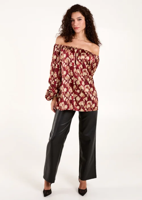 Blue Vanilla Burgundy Floral Ruched Sleeve Bardot Blouse - One Size Image 1