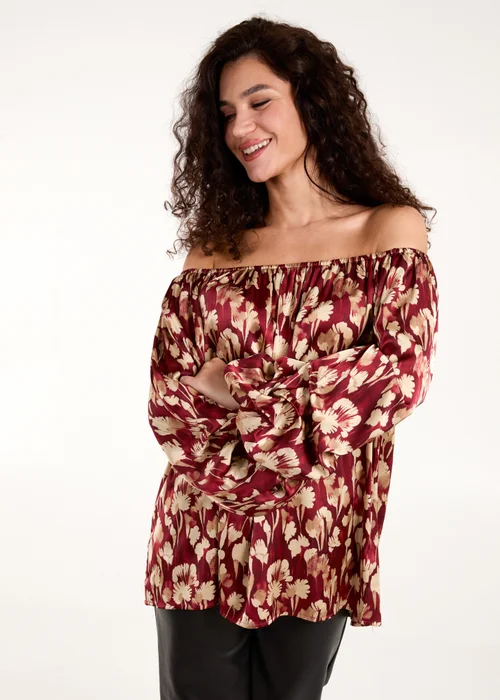 Blue Vanilla Burgundy Floral Ruched Sleeve Bardot Blouse - One Size Image 4