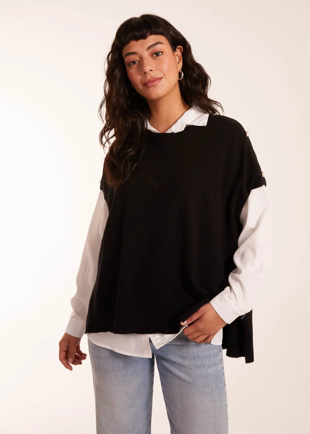 Blue Vanilla Black Oversized Button Shoulder Top - M/L Image 1