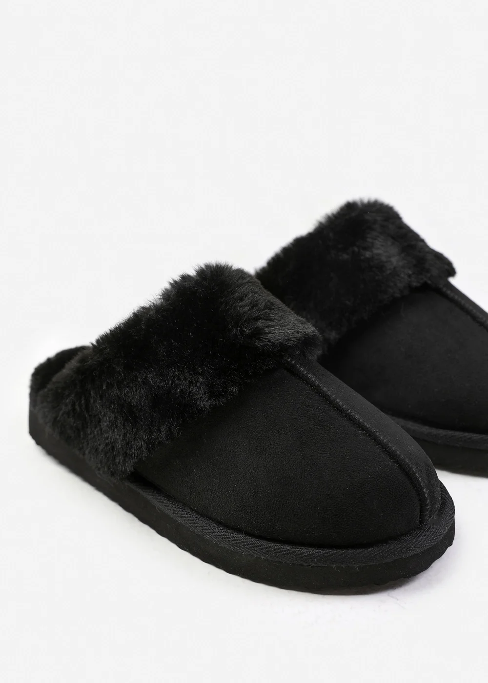 Where's That From Lounge Black Faux Suede Slippers With Fur Trim - 7 Image 3