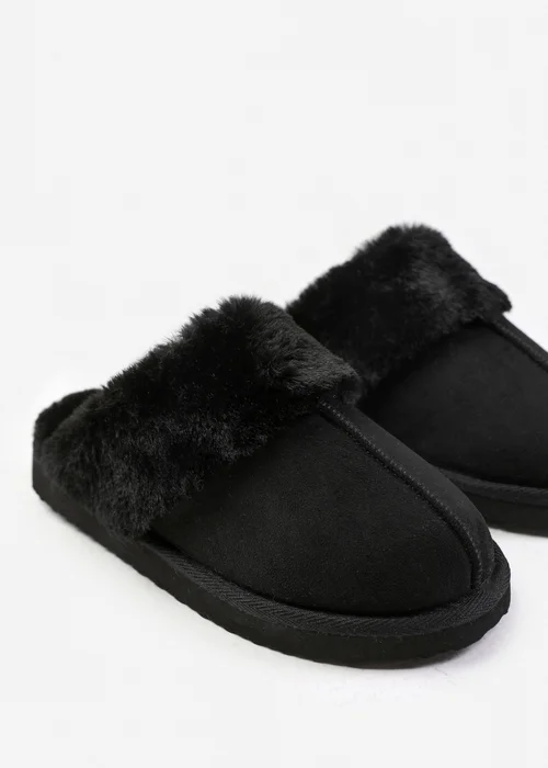 Where's That From Lounge Black Suede Slippers With Fur Trim - Size 4 Image 3