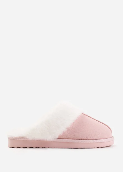 Where's That From Lounge Pink Suede Slippers With Fur Trim - Size 8 Image 2