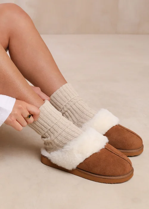 Where's That From Lounge Chestnut Suede Slippers With Fur Trim - Size 4 Image 1