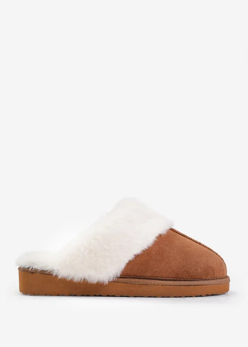 Where's That From Lounge Chestnut Suede Slippers With Fur Trim - Size 4 Image 2