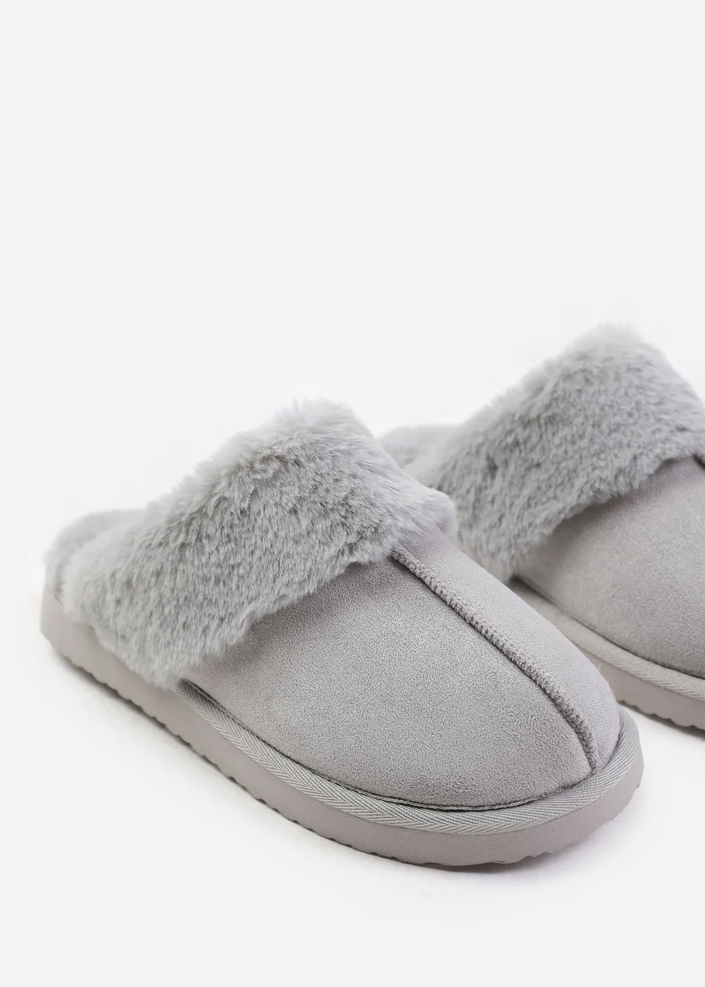 Where's That From Lounge Grey Faux Suede Slippers With Fur Trim - 6 Image 3