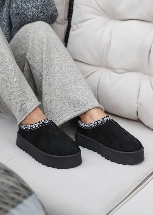 Where's That From Allegra Black Faux-Suede Embroidered Ankle Slipper Boots