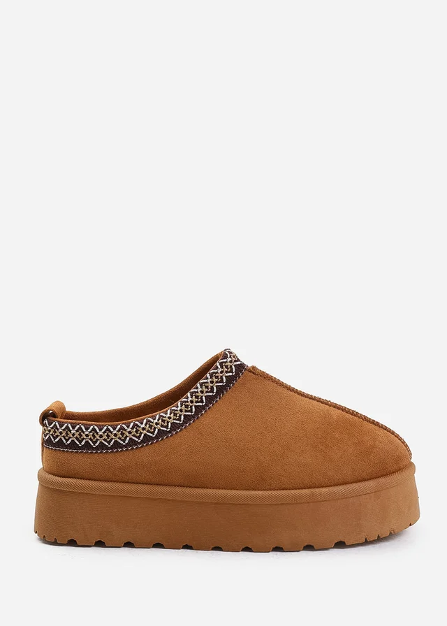 Where's That From Allegra Chestnut Faux-Faux Suede Embroidered Ankle Slipper Boots