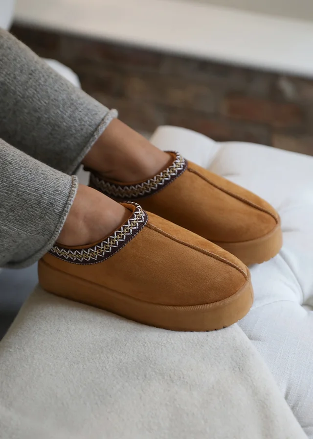 Where's That From Allegra Chestnut Faux-Faux Suede Embroidered Ankle Slipper Boots