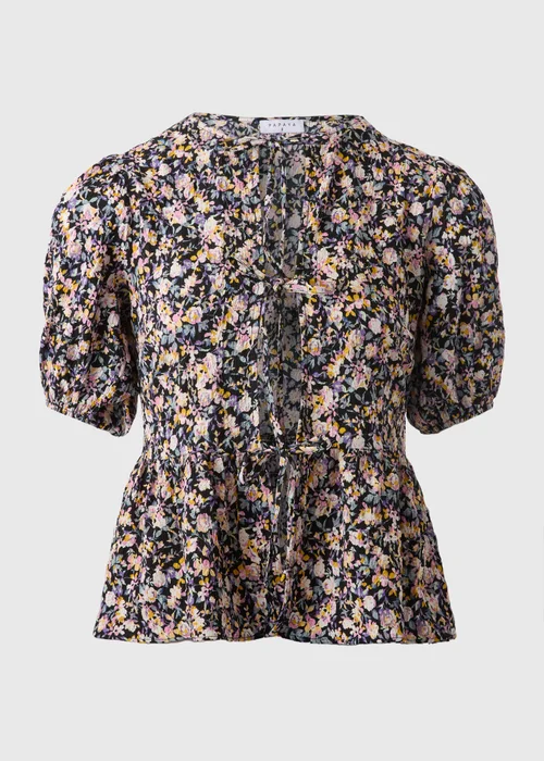 Black Tie Front Peplum Floral Blouse - Size 8 Image 4