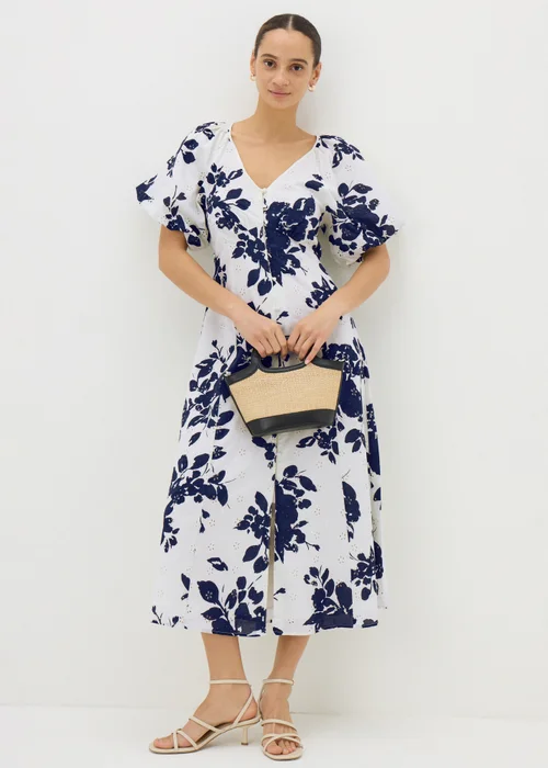 Navy Floral Broderie Anglaise Midi Tea Dress - Size 8 Image 1