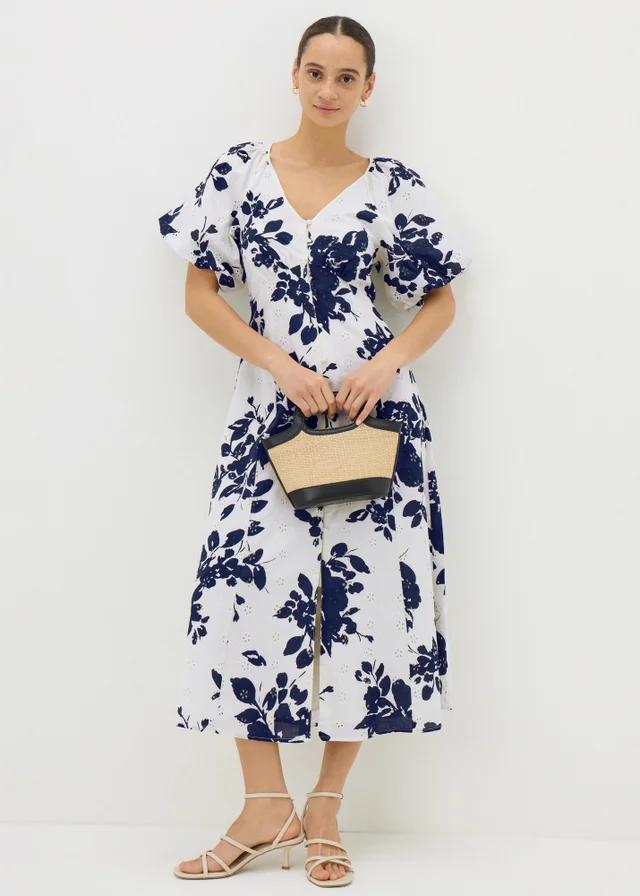 Navy Floral Broderie Anglaise Midi Tea Dress