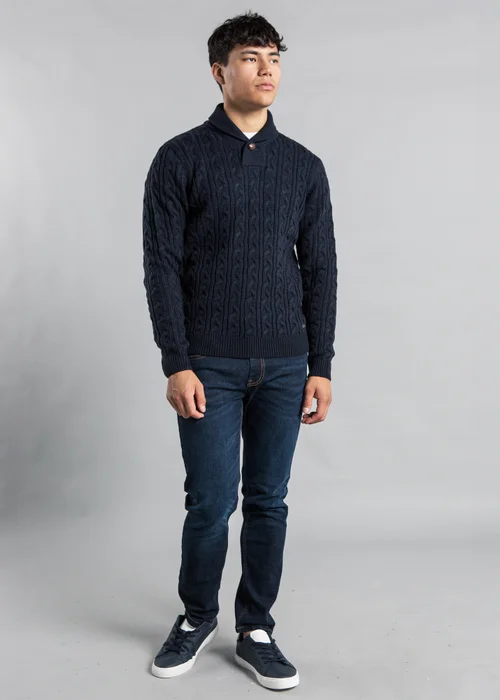 Tokyo Laundry Navy Shawl Neck Cable Knit Jumper - Large Image 3
