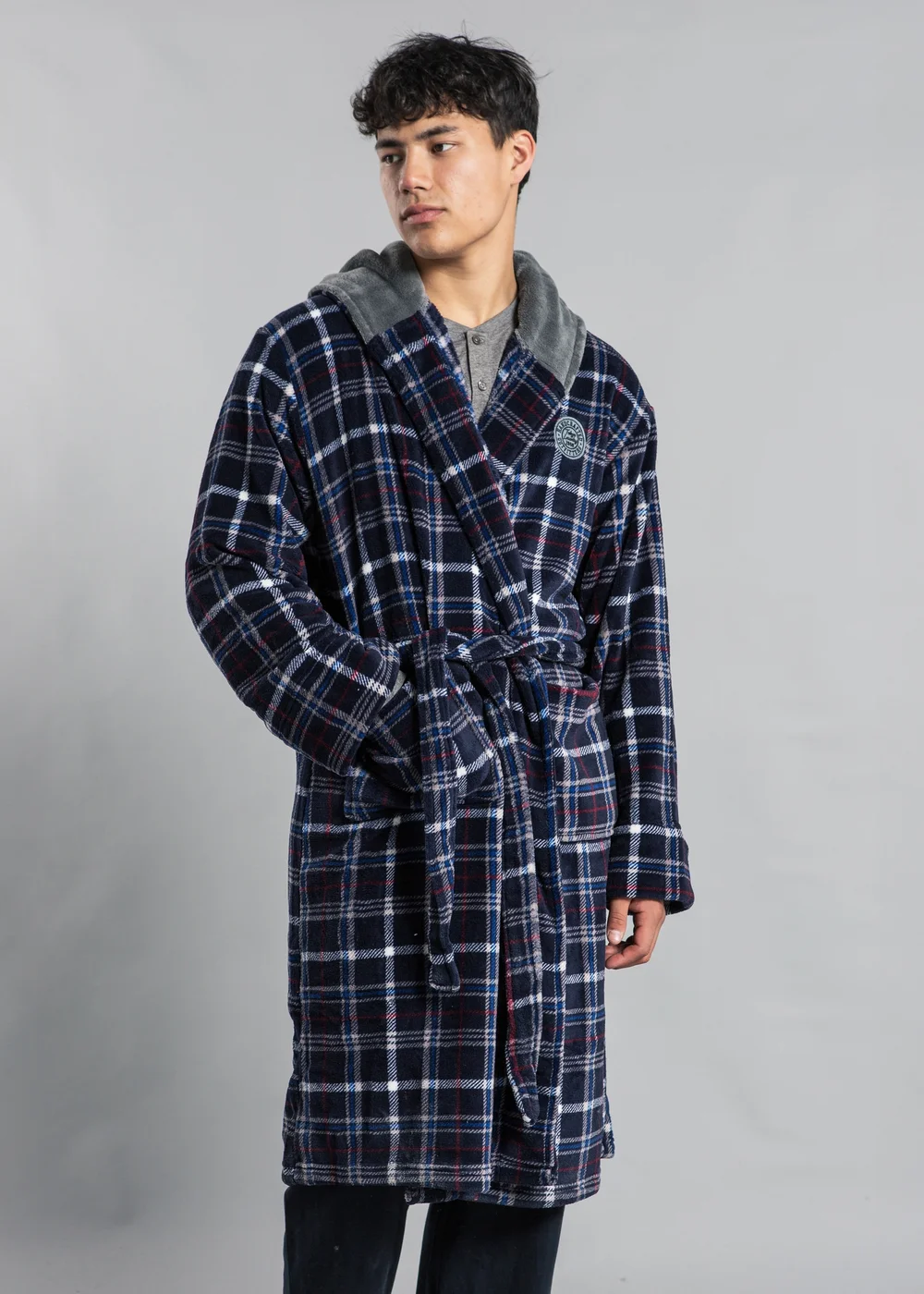 Tokyo Laundry Navy Hooded Check Dressing Gown - Large Image 1
