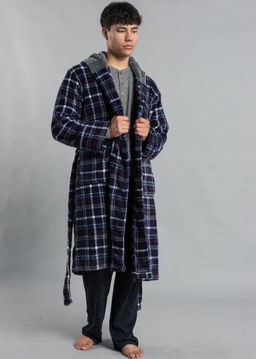 Tokyo Laundry Navy Hooded Check Dressing Gown - Large Image 3