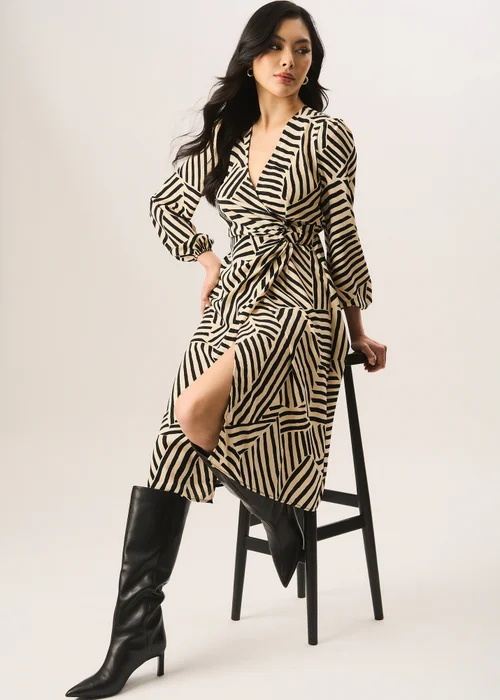 Gini London Beige Geo Print Assymetric Hem Wrap Midi Dress - 8 Image 4