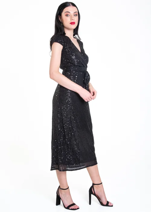 Gini London Black Sequin Belted Midi Wrap Dress - Size 12 Image 4