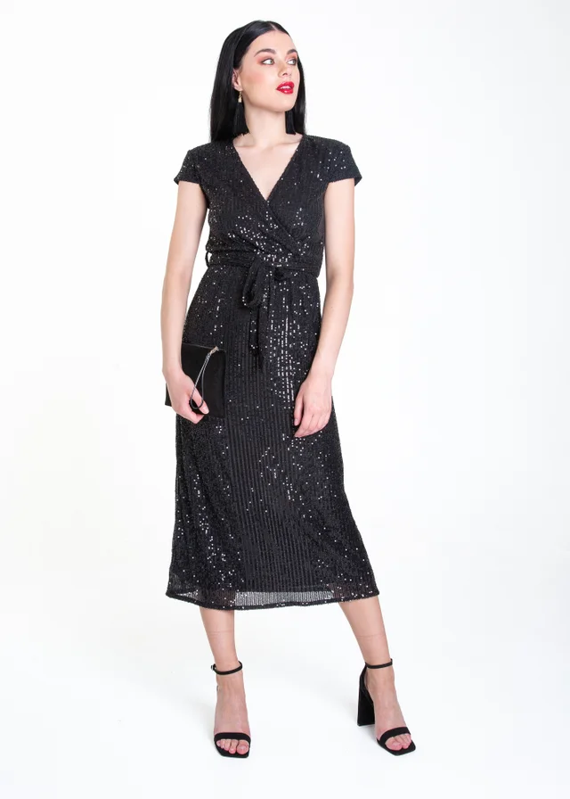 Gini London Black Sequin Belted Midi Wrap Dress