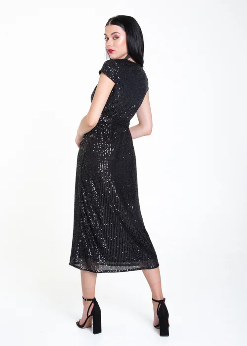 Gini London Black Sequin Belted Midi Wrap Dress - Size 12 Image 2