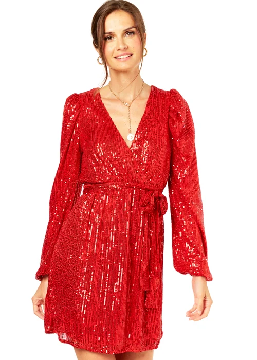 Gini London Bright Red Sequin V Neck Belted Mini Dress - Size 10 Image 1