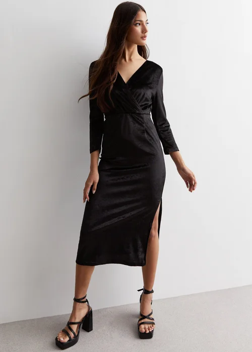 Gini London Black Velvet Wrap Top Skater Midi Dress - 10 Image 4