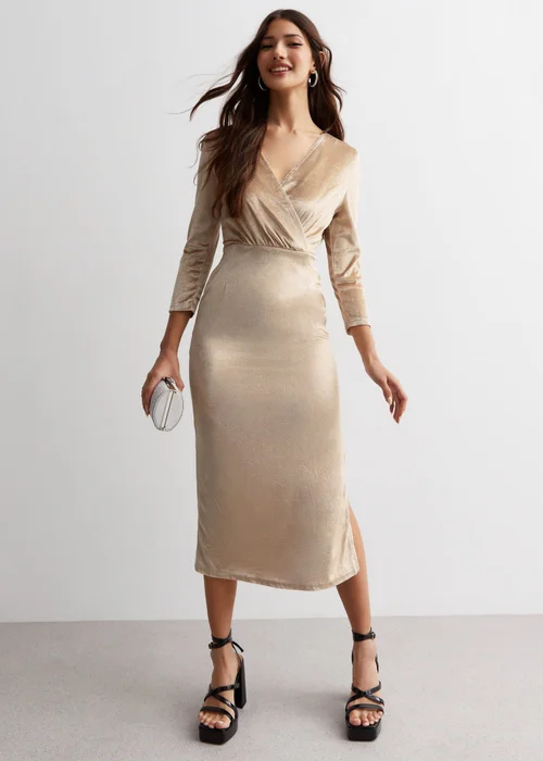 Gini London Champagne Velvet Wrap Top Skater Midi Dress - 14 Image 1