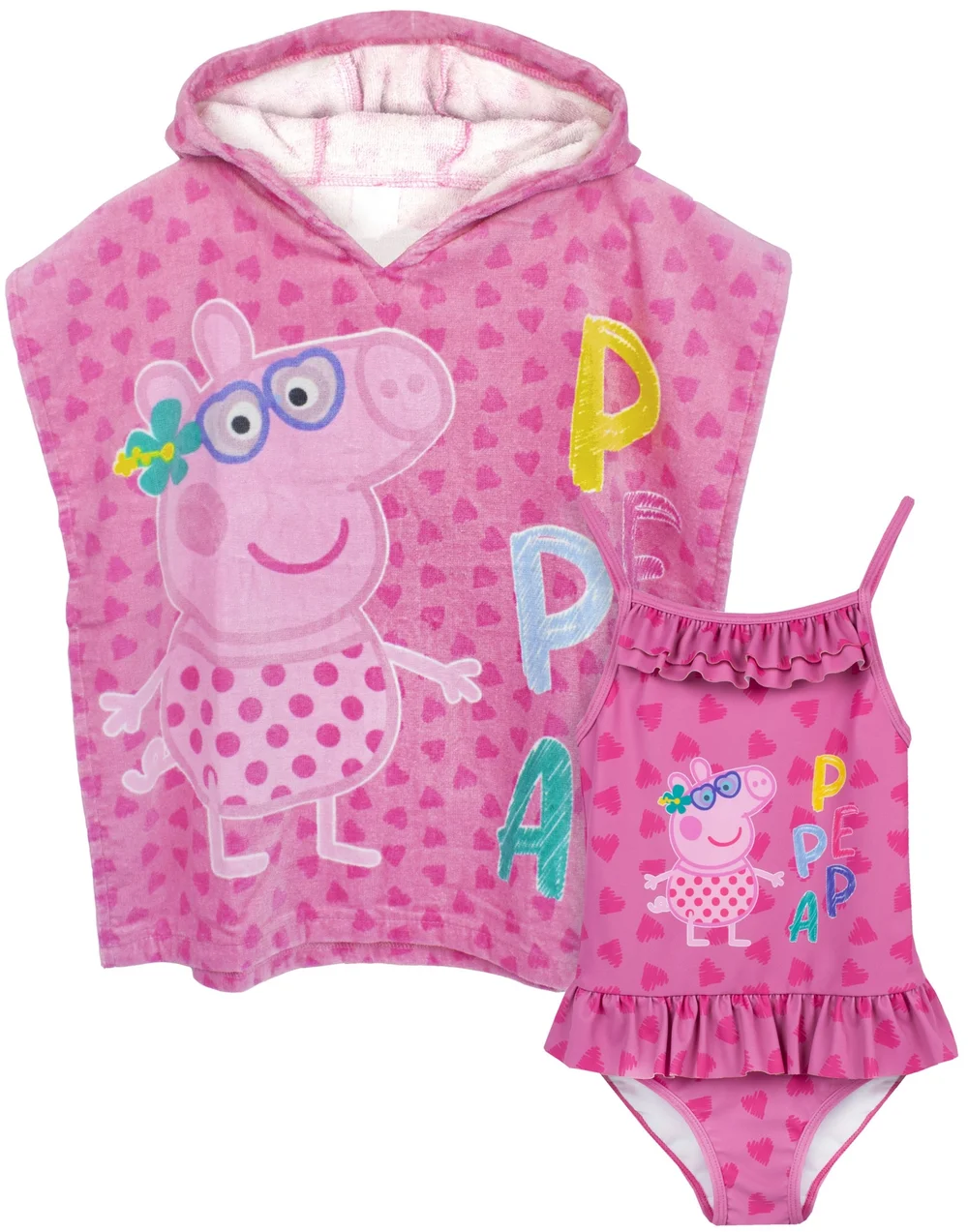 Vanilla Underground Peppa Pig Girls Pink Poncho Towel & Swimming Costume Set (12mths-7yrs) - Age 3-4 Years Image 1