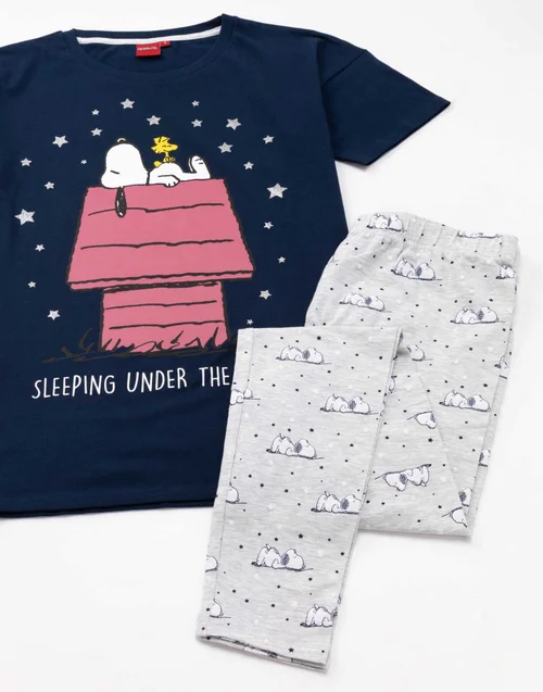 Peanuts Blue Snoopy Short Sleeve Long Leg Pyjama Set - Medium Image 4