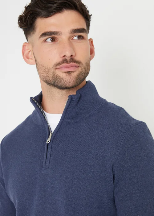 Threadbare Blue Cotton Blend Knitted Quarter Zip Jumper - Large Image 4