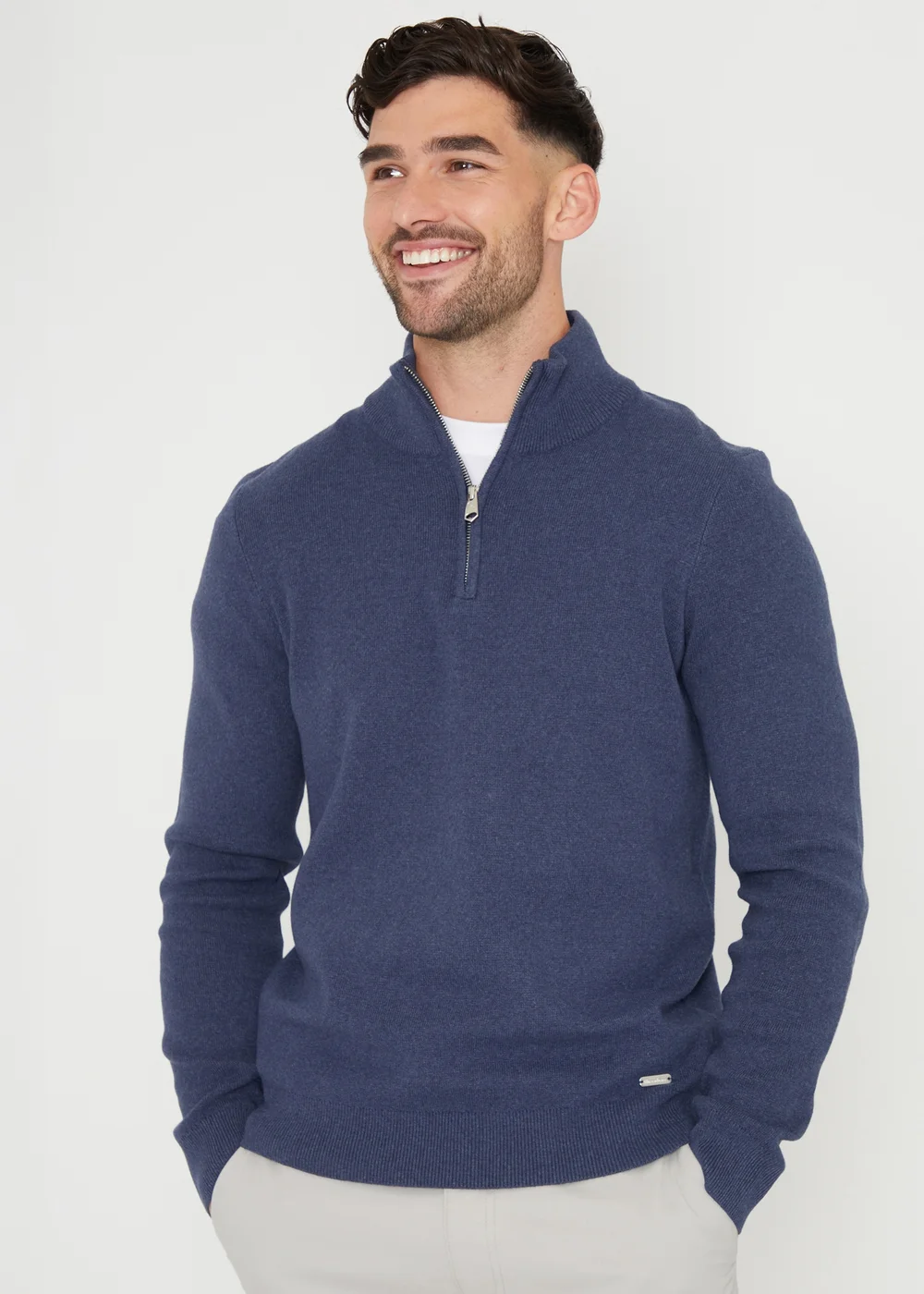 Threadbare Blue Cotton Blend Knitted Quarter Zip Jumper - Large Image 1