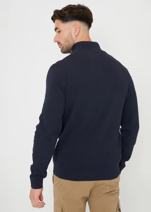 Threadbare Navy Cotton Blend Knitted Quarter Zip Jumper