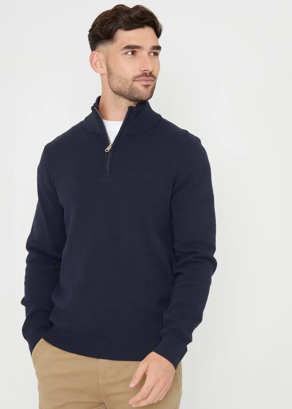Threadbare Navy Cotton Blend Knitted Quarter Zip Jumper - Small Image 1