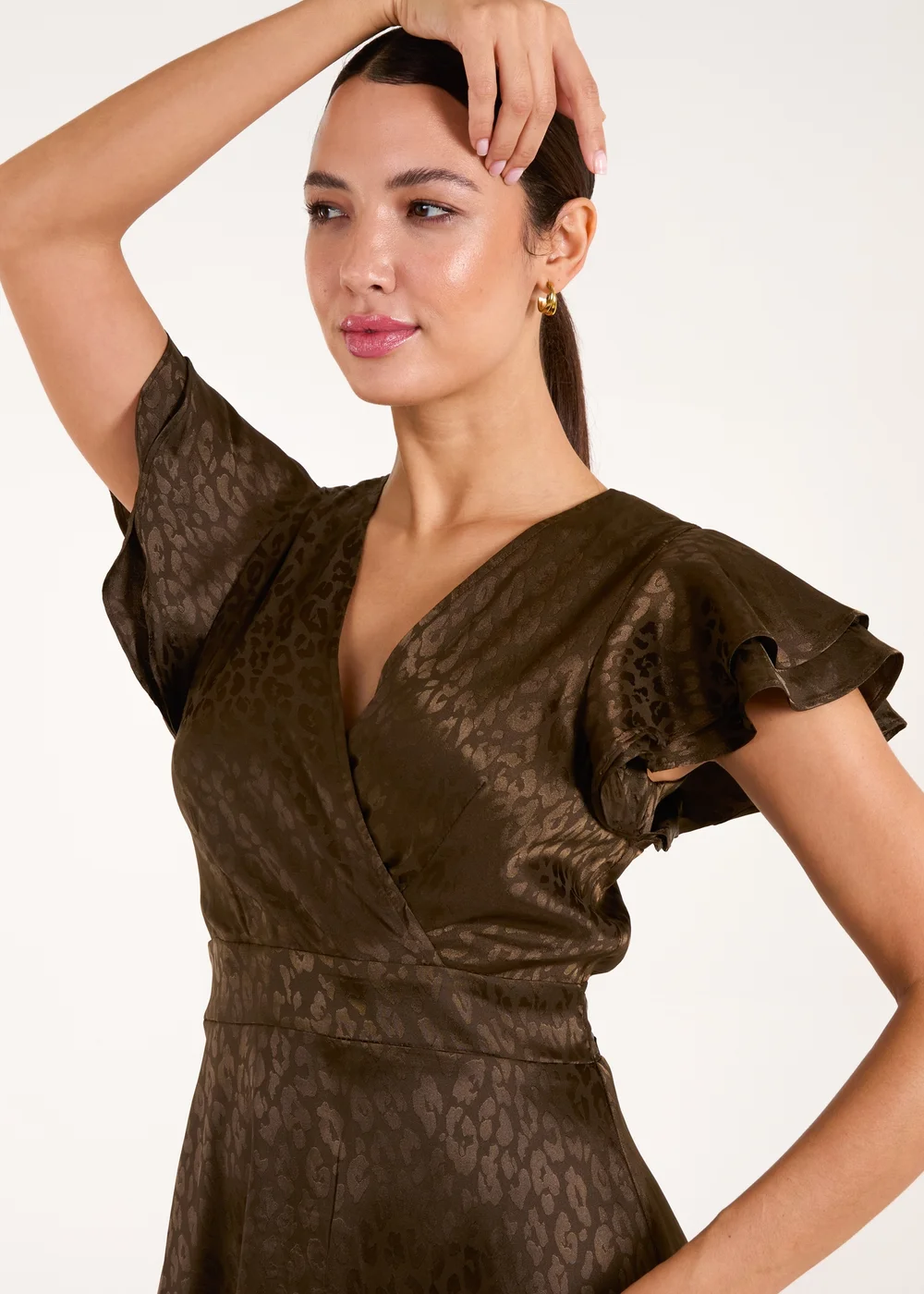 Blue Vanilla Khaki Leopard Jacquard Frill Sleeve Dress - 14 Image 5