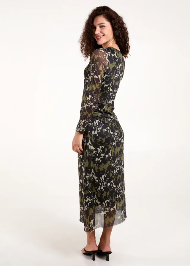 Blue Vanilla Green Ruched Mesh Midi Dress