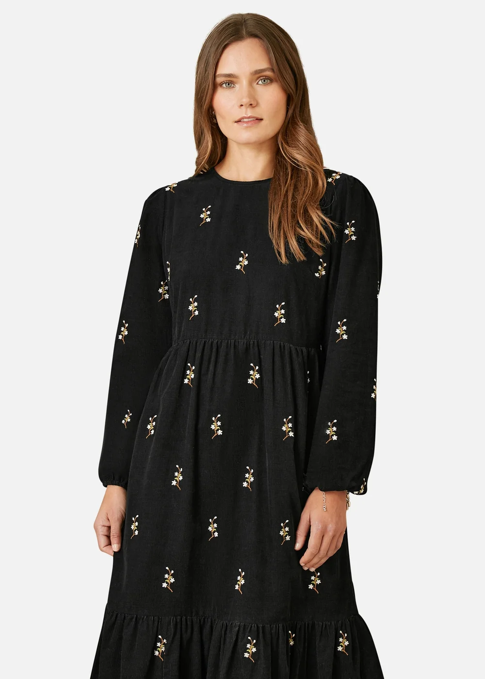 Yumi Black Long Sleeve Midi Dress With Floral Embroidery - 14 Image 2