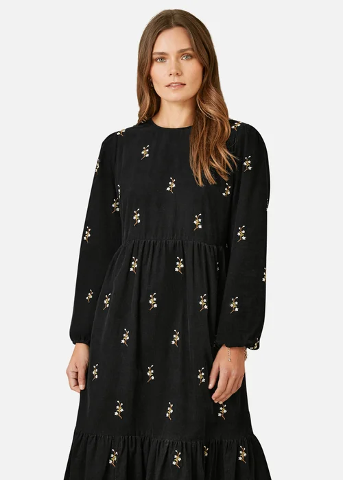 Yumi Black Long Sleeve Midi Dress With Floral Embroidery - 14 Image 2