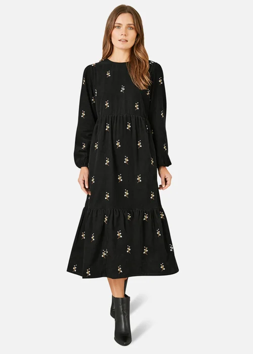 Yumi Black Long Sleeve Midi Dress With Floral Embroidery - 14 Image 1
