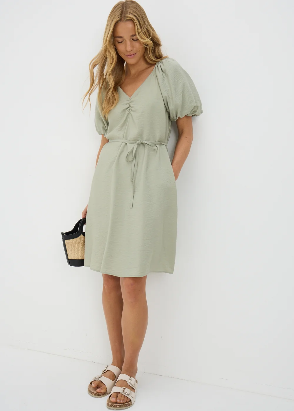 Sage Green Tie Waist Mini Dress - Size 26 Image 1