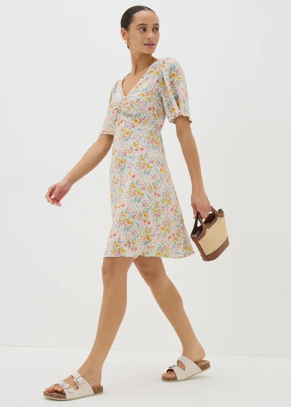 Cream Floral Print Mini Tea Dress - Size 8 Image 1