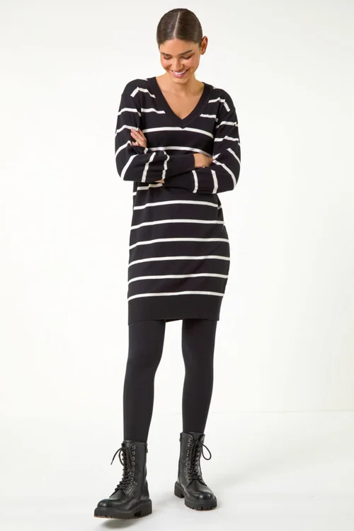 Roman Black Stripe V-Neck Knit Jumper Dress - Size 12 Image 3