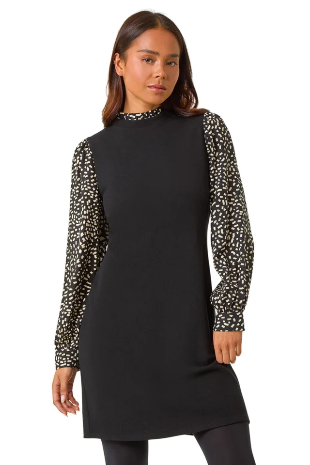 Roman Black Petite Contrast Frill Neck Stretch Dress