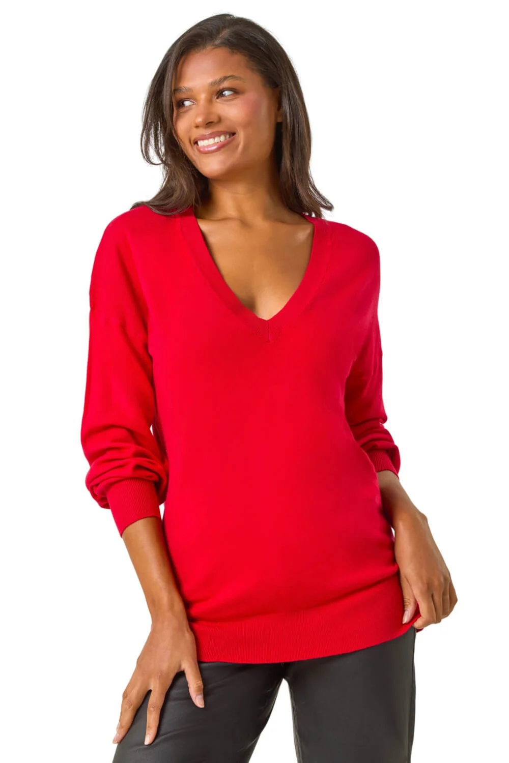 Roman Rose Plain V-Neck Stretch Longline Jumper - Size 10 Image 1
