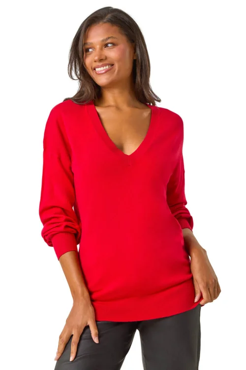 Roman Rose Plain V-Neck Stretch Longline Jumper - Size 10 Image 1
