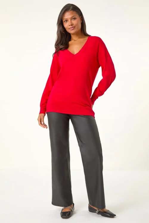 Roman Rose Plain V-Neck Stretch Longline Jumper - Size 10 Image 4