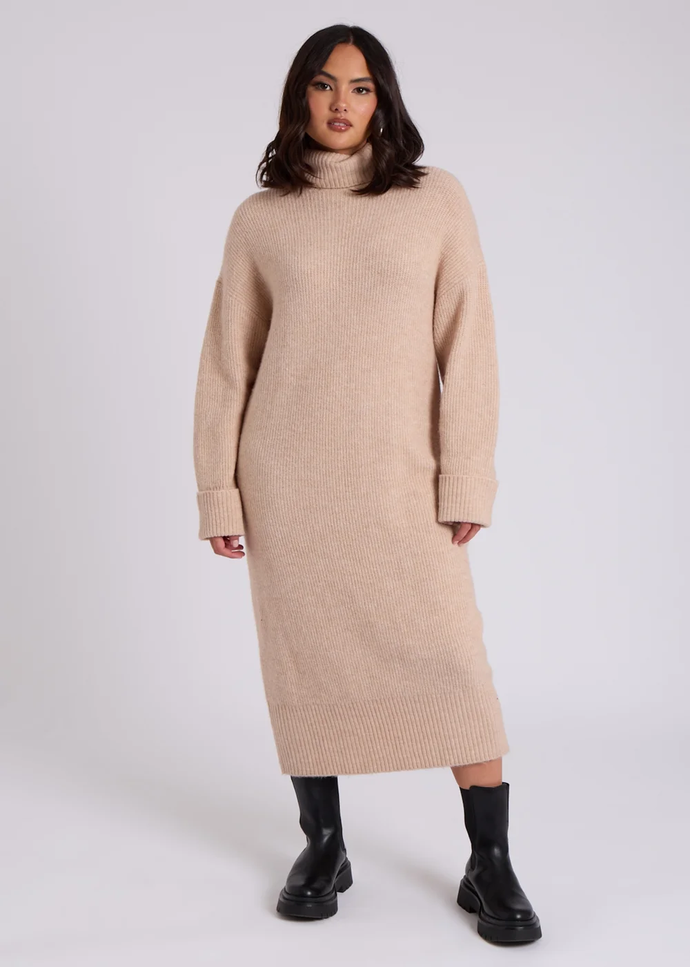 Urban Bliss Camel Midi Roll Neck Dress - Small Image 1
