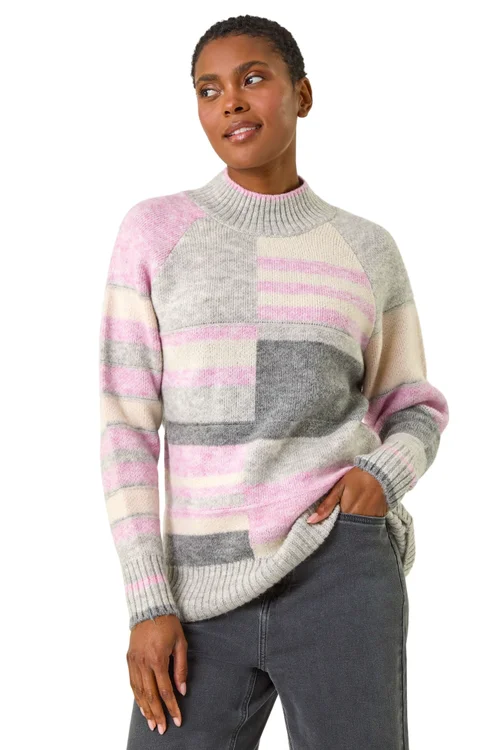 Roman Light Grey Stripe Colour Block Knitted Jumper - Size 14 Image 1